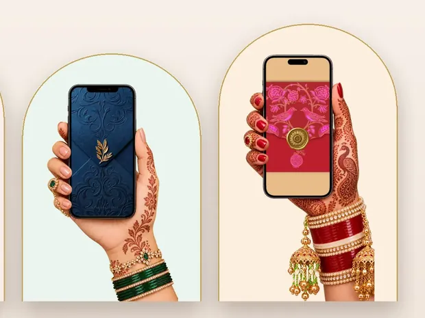 Two hennaed hands with bangles, each holding a phone that shows a digital wedding invitation