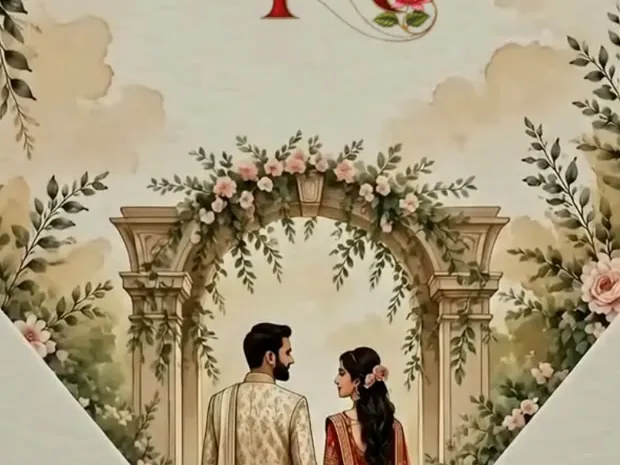 An illustrated couple under a floral arch on an invitation that opens like an envelope