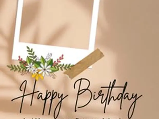 Photo frames and flowers with Happy Birthday in script