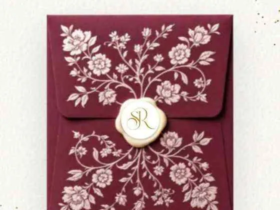 A maroon envelope with white floral work and a wax seal