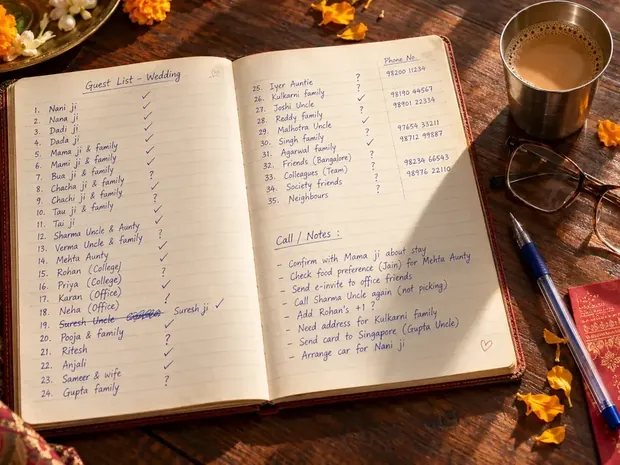 A guest list written in a diary, beside a cup of tea