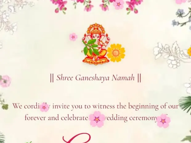 Shree Ganeshaya Namah above the invitation lines, framed with flowers