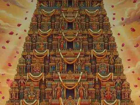 A painted temple gopuram in red and gold