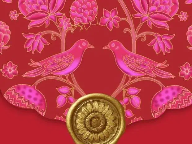 Pink birds and flowers painted on red, with a gold seal