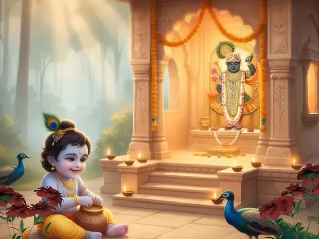 Baby Krishna with a pot of butter outside a temple