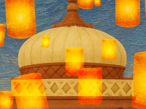 Floating lanterns around a palace dome at dusk