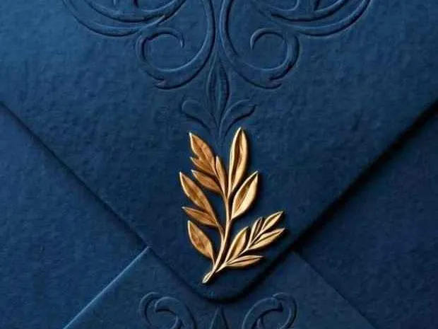 A navy embossed envelope with a gold leaf