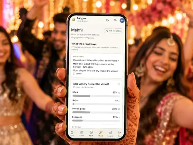 Women at a sangeet night laughing over an invitation on a phone