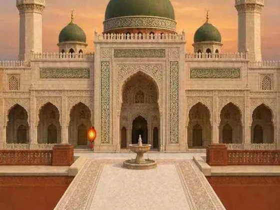 A painted mosque with green domes at sunset