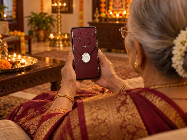 An elderly woman in a maroon silk saree reading a wedding invitation on her phone, with diyas lit behind her