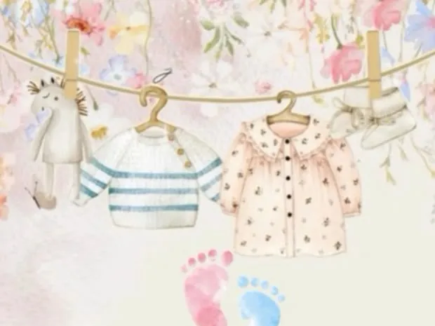 Baby clothes on a line and tiny footprints, in watercolour