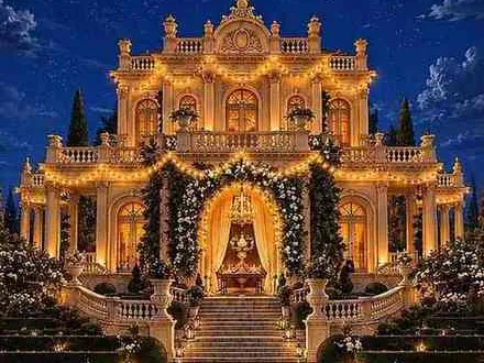 A palace lit up at night under a sky full of stars