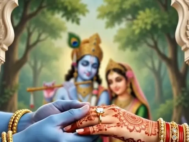 A painting of Radha and Krishna, a ring being placed on her finger