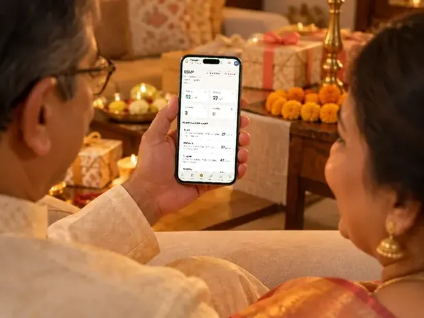 Parents on a sofa at home, reading the replies to their invitation on a phone