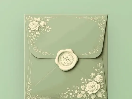 A sage green envelope with rose borders, closed with an ivory wax seal