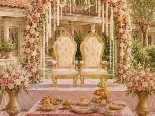 Two gold chairs side by side on a ceremony stage dressed in pink and white flowers