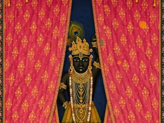 Shrinathji between red curtains, in the Pichwai style
