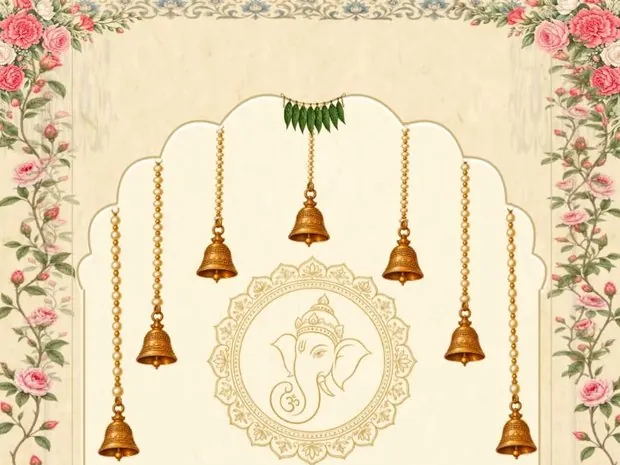 Temple bells hanging around a Ganesha medallion, framed in roses